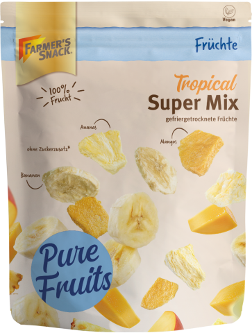 Mango, piña y plátano liofilizados en una supermezcla en un envase independiente con base con etiquetado 100% fruta y vegano y el logotipo de Farmer's Snack.