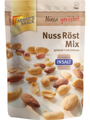 Freestanding packaging for Nuss Röst Mix InSalt with peanuts, 150 g, with Farmer's Snack logo, Insalt logo and vegan label.
