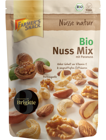 Freestanding packaging for Organic Nut Mix 150g with Farmer's Snack logo, vegan label and organic seal