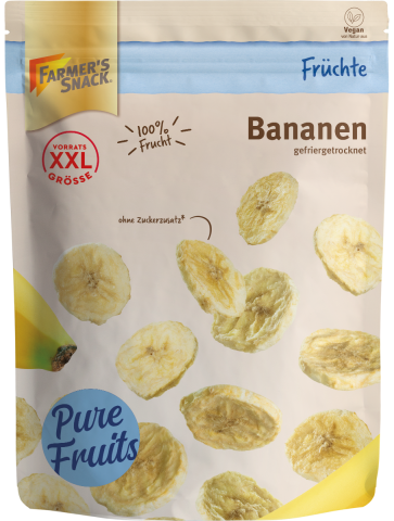 Rodajas de plátano liofilizadas en Bolsa con base con etiquetado XXL, 100% fruta y vegano.