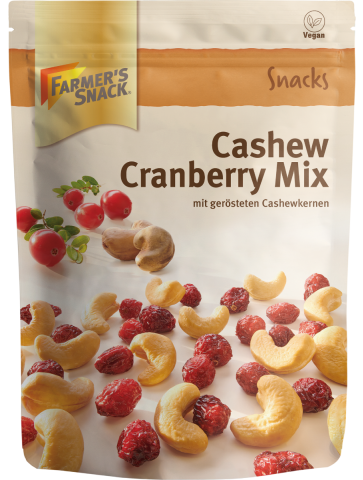 Freestanding packaging for Cashew Cranberry Mix 175g with Farmer's Snack logo and vegan label