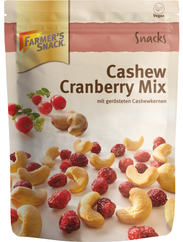 Bolsa con base de Mezcla de anacardos y arándanos rojos de 175g con el logotipo de Farmer's Snack y etiquetado vegano