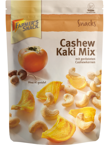 Freestanding packaging for Cashew Kaki Mix 150g with Farmer's Snack logo and vegan label