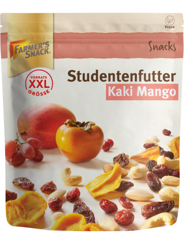 Opakowanie mieszanki szlaków Kaki Mango 300 g z logo Farmer's Snack, etykietą XXL i etykietą wegańską
