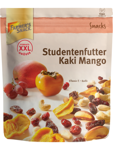 Freestanding packaging for trail mix Kaki Mango 300g with Farmer's Snack logo, XXL and vegan labelling