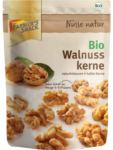 Freigestellte Verpackung von Bio Walnusskernen 110g mit Farmer's Snack Logo und Bio-Siegel