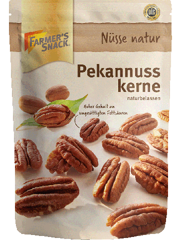 Freigestellte Verpackung von Pekannusskernen 125g mit Farmer's Snack Logo