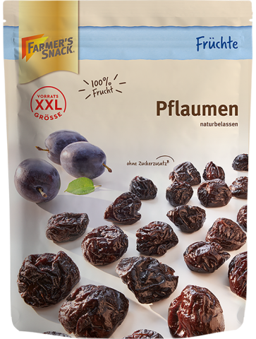 Freigestellte Verpackung von getrockneten Pflaumen 500g mit Farmer's Snack Logo und XXL-Kennzeichnung