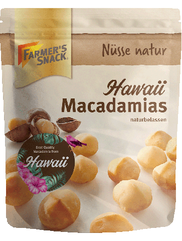 Freigestellte Verpackung von Hawaii Macadamias naturbelassen mit "Best Quality Macadamia from Hawaii"-Störer