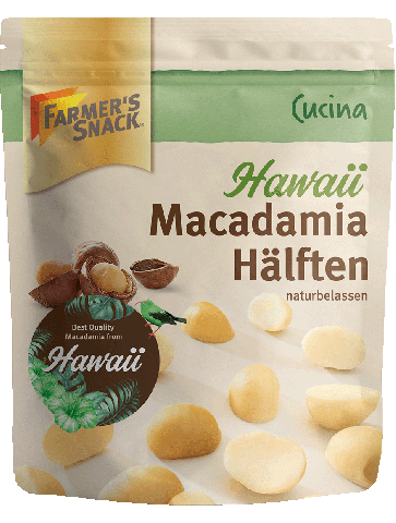 Freigestellte Verpackung von Cucina Hawaii Macadamia Hälften naturbelassen mit "Best Quality Macadamia from Hawaii"-Störer