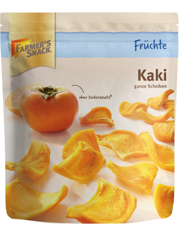 Freigestellte Verpackung von getrockneter Kaki 125g mit Farmer's Snack Logo