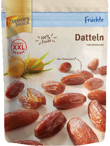Freigestellte Verpackung von getrockneten Datteln 500g mit Farmer's Snack Logo und XXL-Kennzeichnung