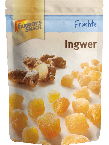 Freigestellte Verpackung von Ingwer mit Farmers Snack-Logo