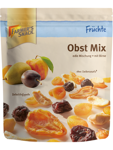 Freigestellte Verpackung von Obst Mix 200g mit Farmer's Snack Logo, ohne Zuckerzusatz-Kennzeichnung