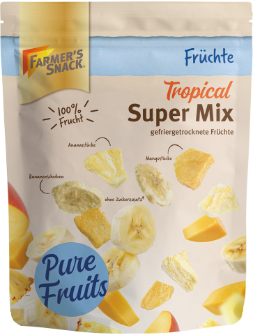 Gefriergetrocknete Mango, Ananas, Banane im Super Mix in freigestellter Verpackung mit 100% Frucht-Kennzeichnung und Farmer's Snack Logo.