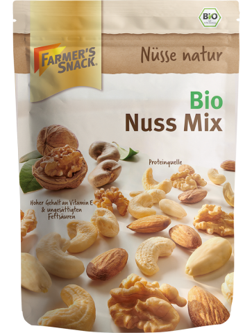 Freigestellte Verpackung von Bio Nuss Mix 150g mit Farmer's Snack Logo und Bio-Siegel